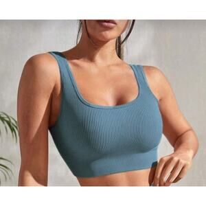 Women's Ribbed Support Sport Bra Sleeveless Blue Size Large NWOT